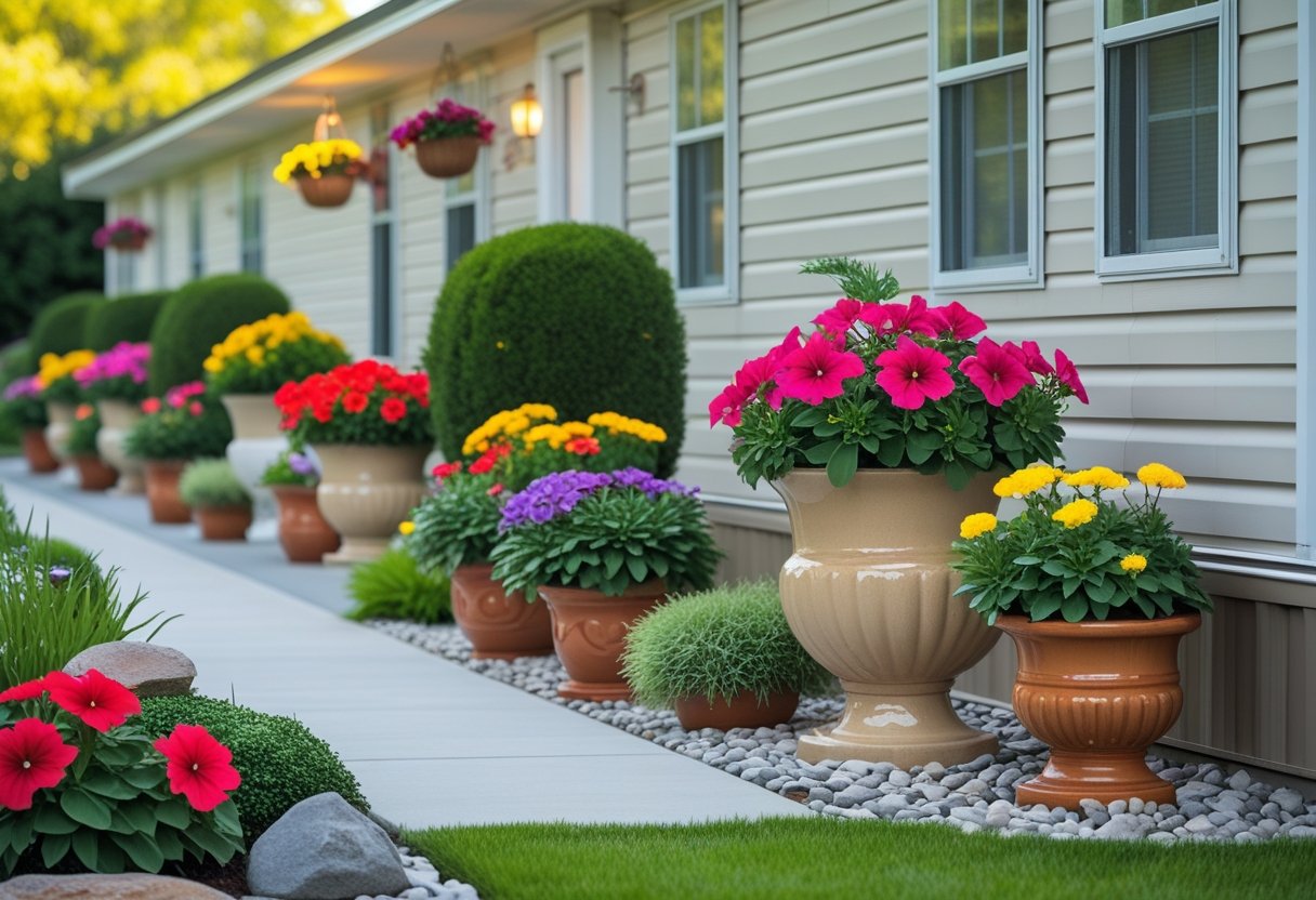 A mobile home surrounded by colorful ceramic planters with vibrant flowers and well-maintained landscaping including bushes, grass, and garden decorations.