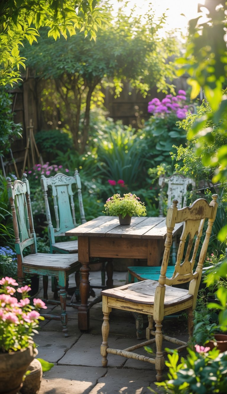 Outdoor garden seating area with reclaimed antique chairs surrounded by plants and flowers.
