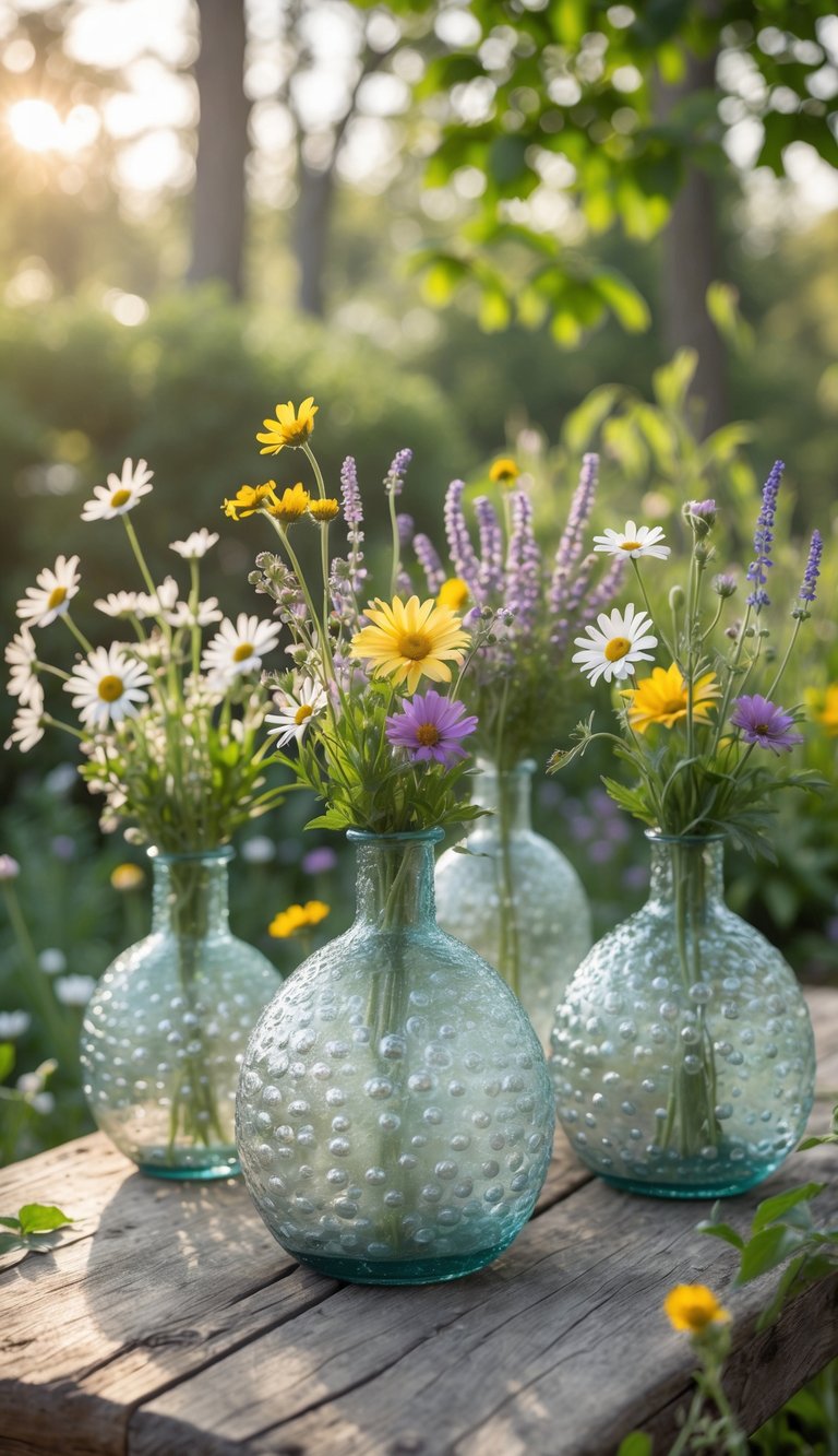 Rustic bubble glass vases filled with colorful wildflowers arranged on a wooden table outdoors.