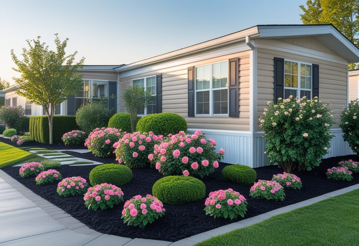 A mobile home surrounded by vibrant rose bushes planted in black mulch with neatly trimmed shrubs and colorful flowers in a well-maintained yard.
