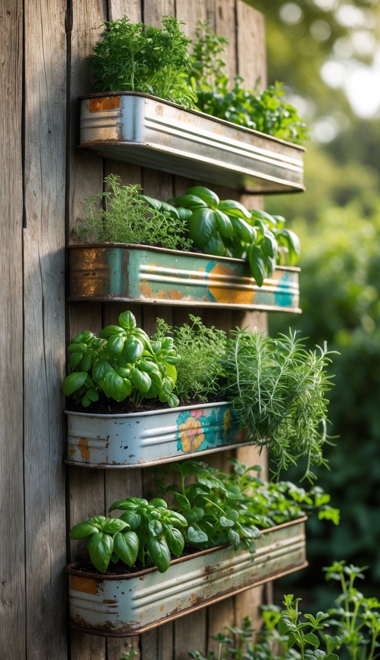 Vertical herb garden made from old tin trays mounted on a wooden wall, filled with green herbs.
