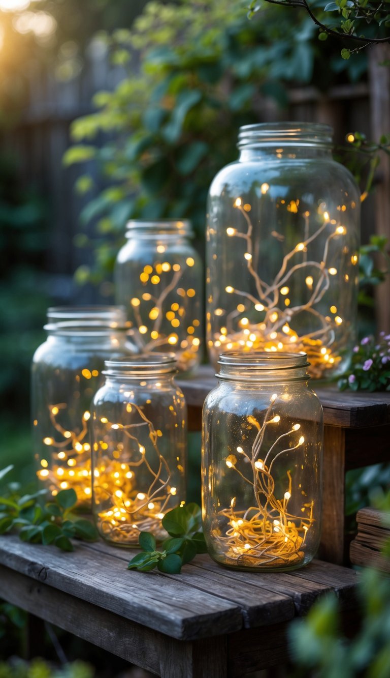 Several vintage glass jars with glowing fairy lights inside, placed on a wooden surface surrounded by plants in a garden.