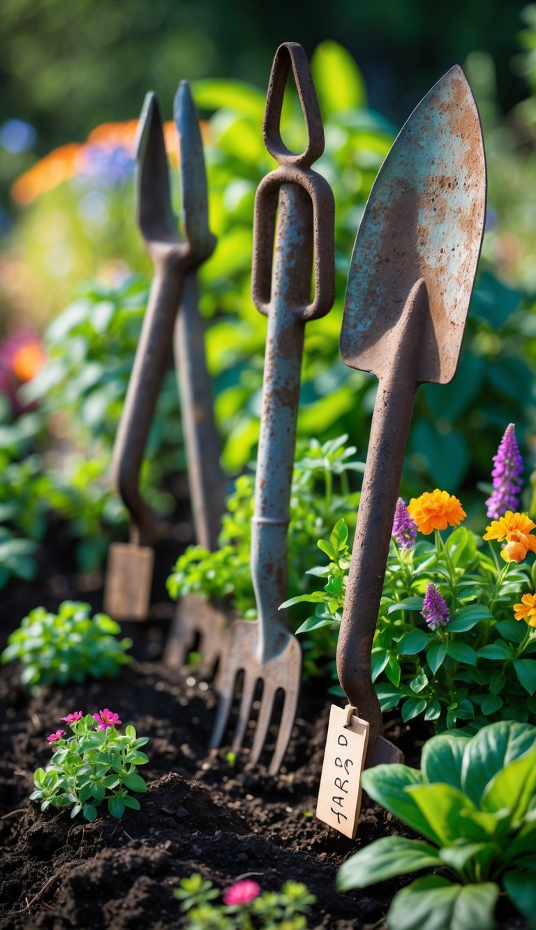 Rusty garden tools used as plant markers in a garden bed with green plants and flowers.