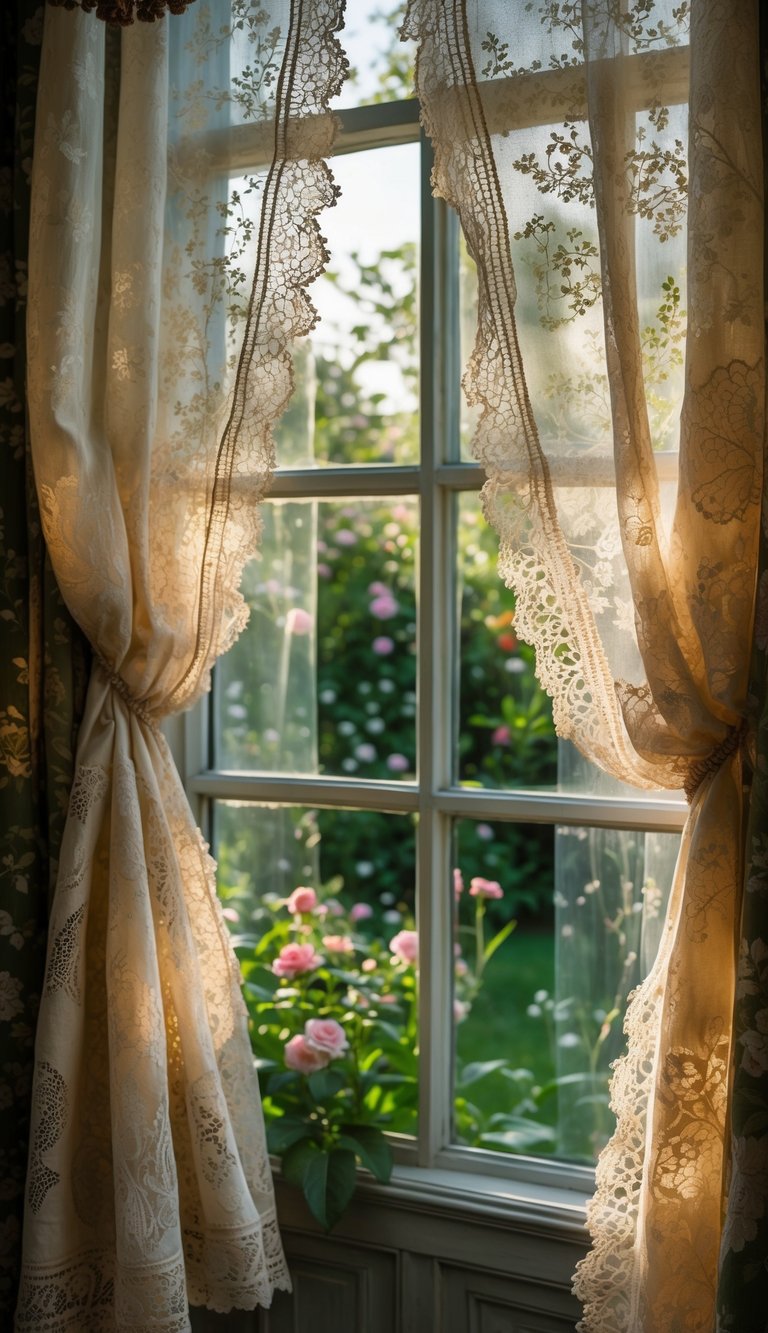 Old lace curtains hanging over a window with sunlight filtering through, showing a garden with flowers outside.