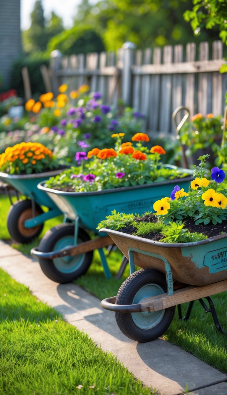Several vintage wheelbarrows filled with colorful flowers arranged on a lawn near a wooden fence.