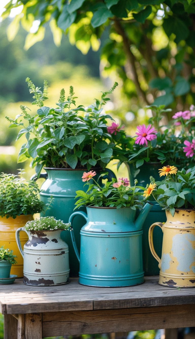 A variety of vintage enamel pitchers used as planters filled with green plants and flowers arranged on a wooden table in a garden.