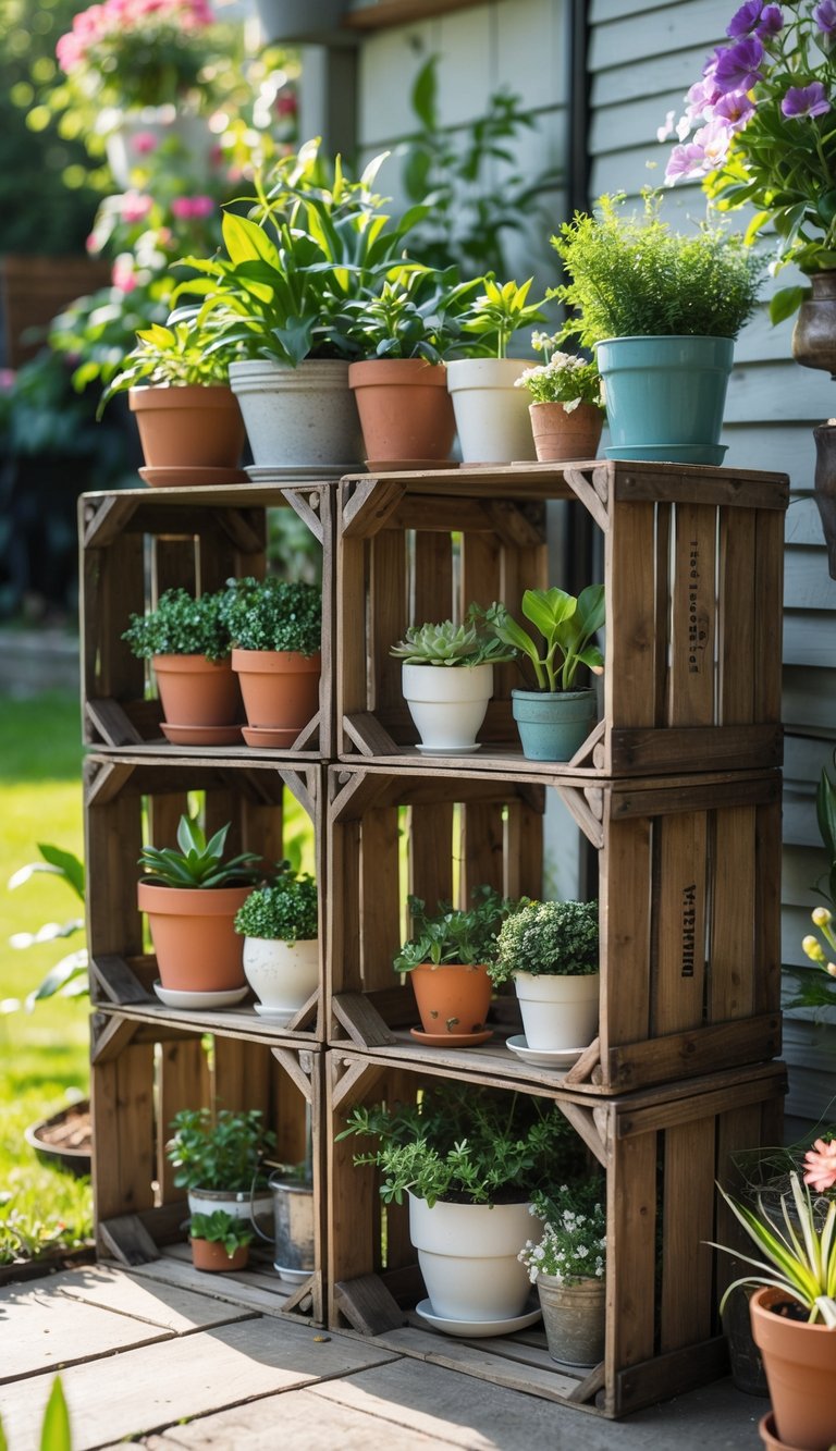 Stacked wooden milk crates used as garden shelves holding potted plants in an outdoor garden setting.