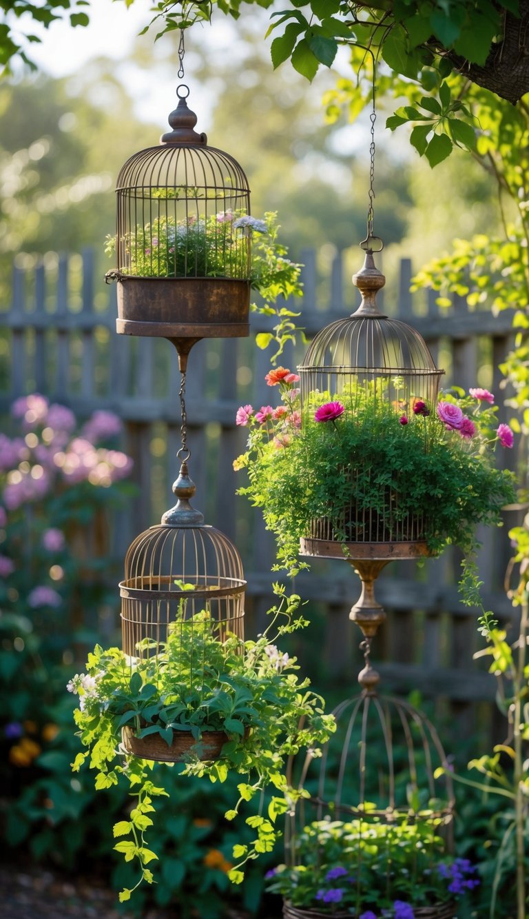 Several antique birdcages hanging outdoors, each filled with green plants and colorful flowers in a garden setting.