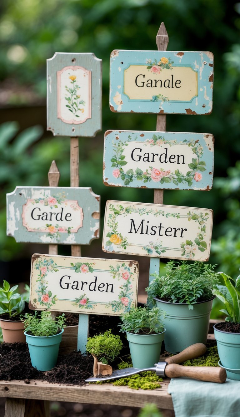 A collection of faded vintage garden signs displayed on a wooden table surrounded by potted plants and gardening tools.