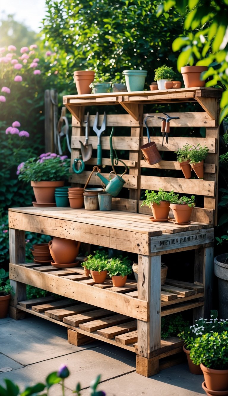 A wooden potting bench made from recycled pallets with gardening tools and potted plants in a garden setting.