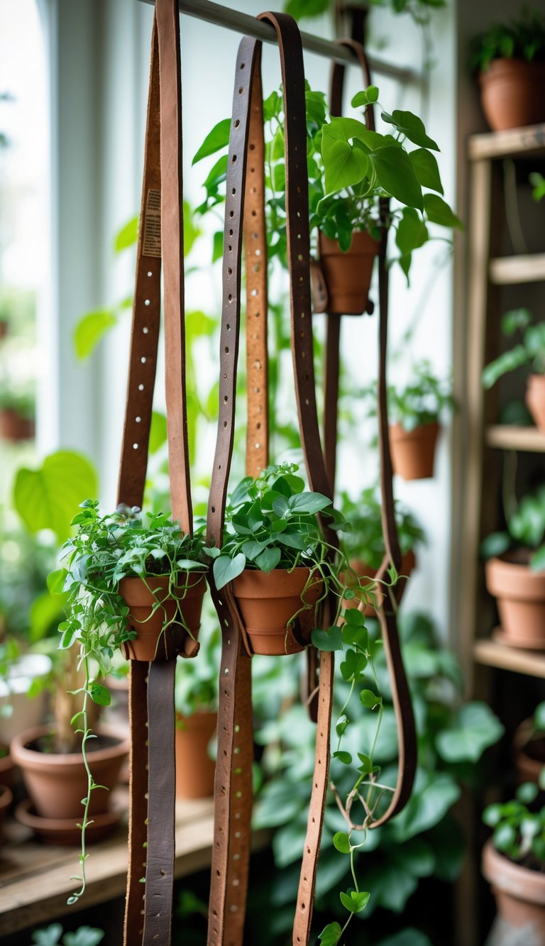 Several worn leather belts used as plant hangers holding small potted green plants in a bright indoor garden setting.