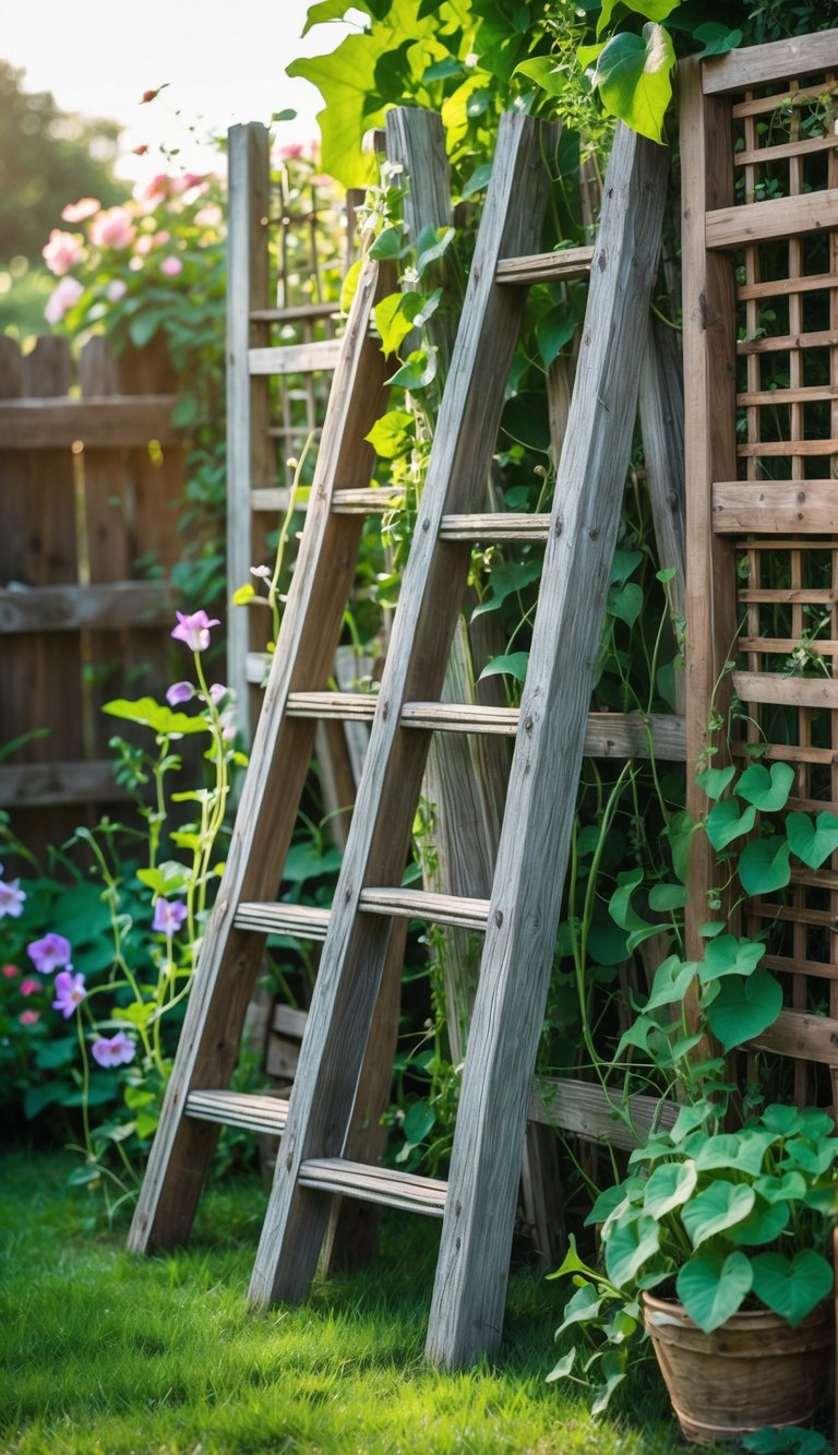 Several vintage wooden ladders leaning against trellises with climbing plants in a garden.
