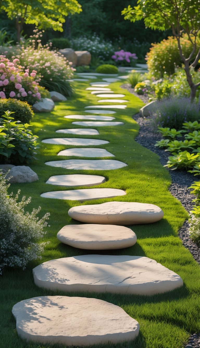 A natural flat rock pathway winding through a garden with green grass and colorful flowers.