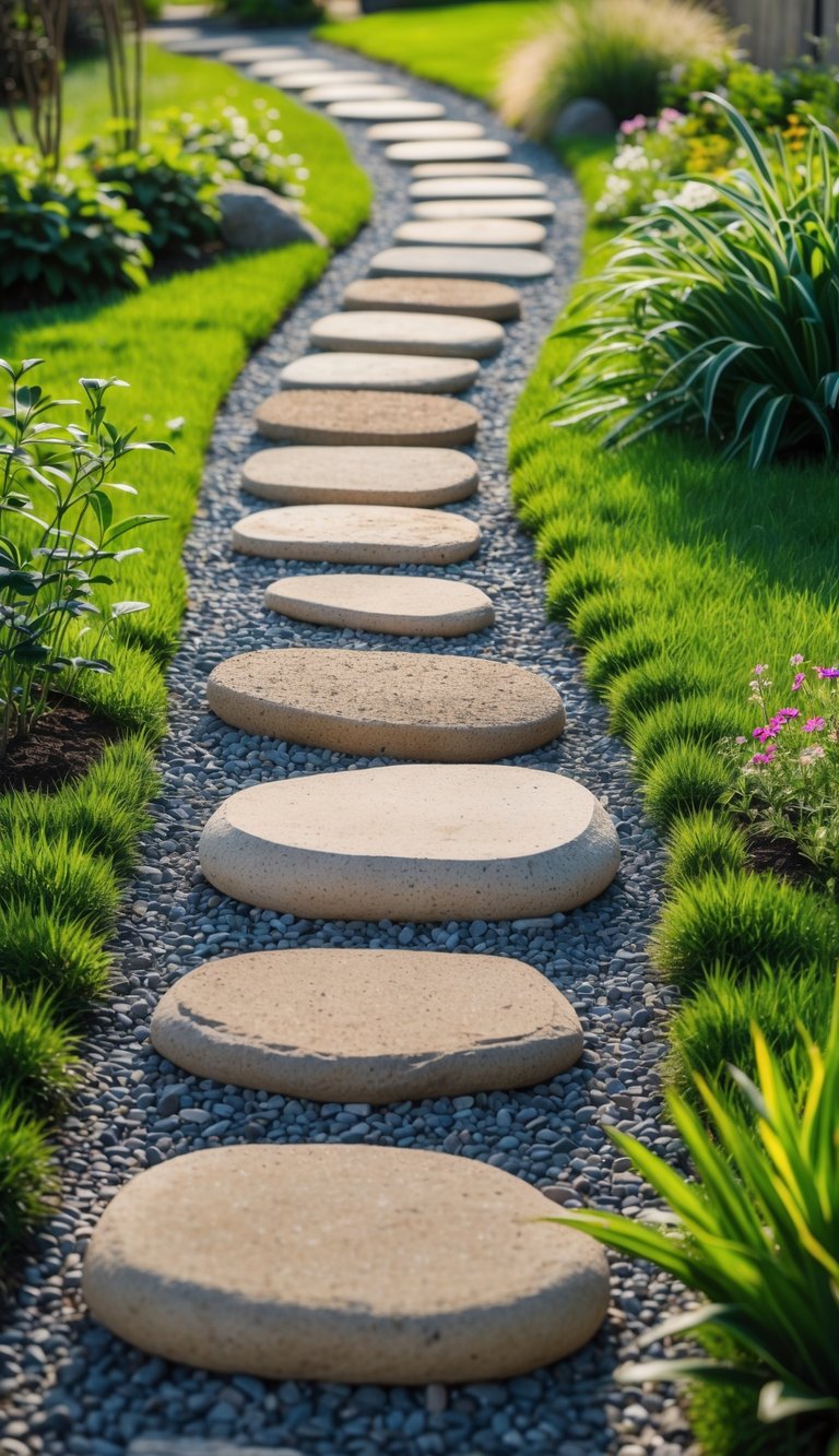 A garden pathway with stepping stones separated by gravel, surrounded by green grass and plants.