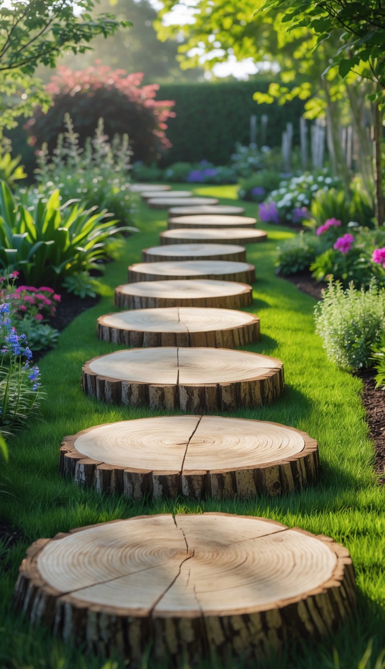 A garden pathway with circular wooden log stepping pads surrounded by green grass and colorful plants.
