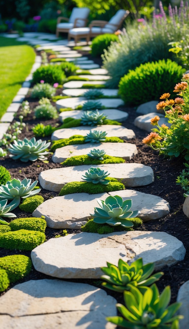 A garden pathway made of stepping stones with plants growing in between, surrounded by flowers and greenery.
