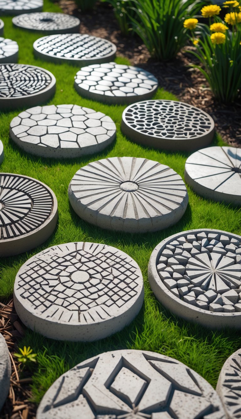 A garden path with multiple concrete stepping stones featuring various geometric patterns surrounded by green grass and small plants.