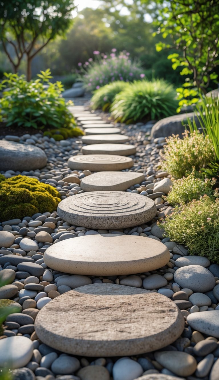 A garden pathway with stepping stones set among smooth pebbles, surrounded by green plants and small flowers.