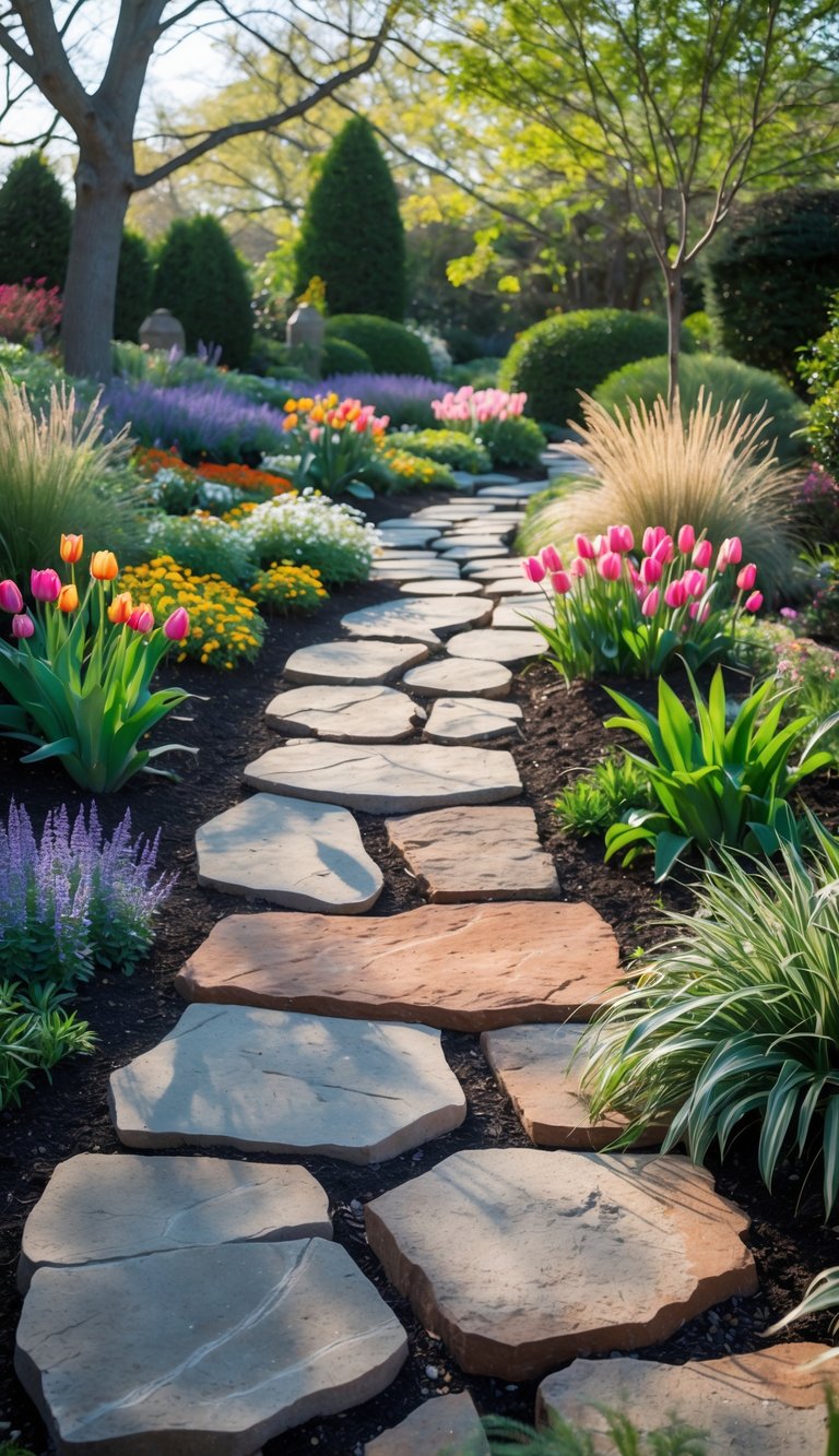 A large flagstone path winding through a colorful garden with flowers and green plants on both sides.