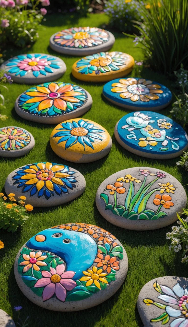A garden scene with colorful hand-painted stepping stones arranged on green grass surrounded by plants and flowers.