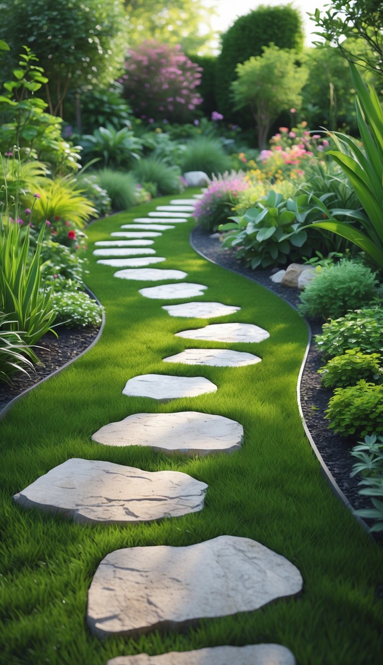 A garden pathway made of natural stone stepping stones surrounded by green grass and plants.