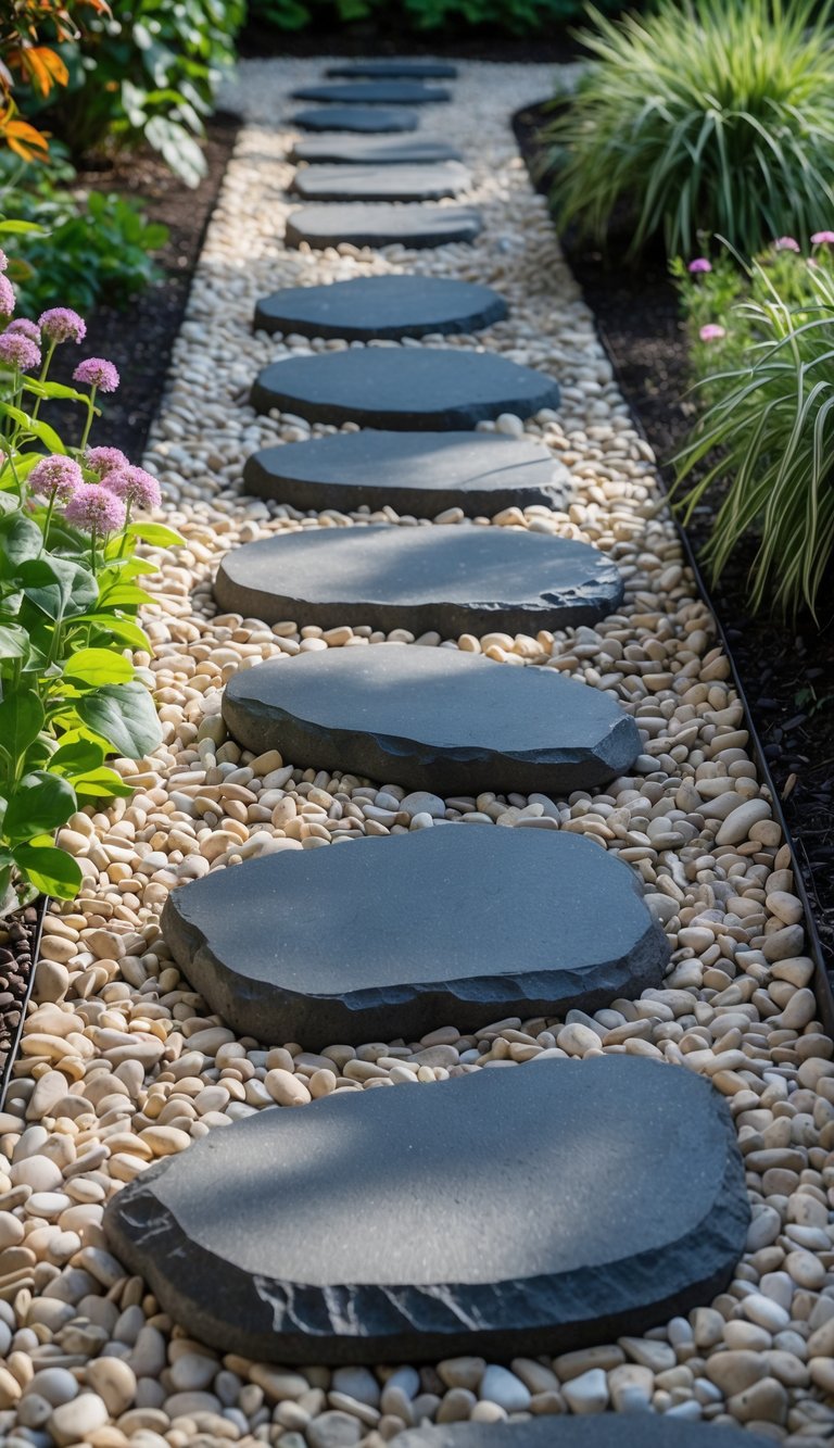 A garden pathway with dark stepping stones surrounded by light pebbles and green plants.