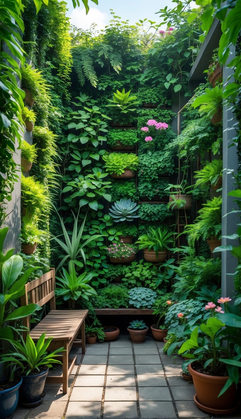 A small courtyard garden with walls covered in dense green plants and a wooden bench on a stone floor.