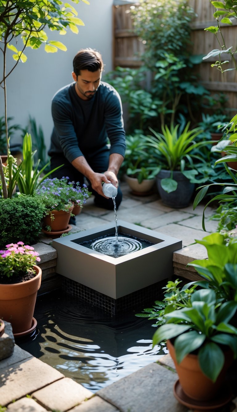 A person installing a small water feature in a cozy courtyard garden surrounded by plants and stone paving.