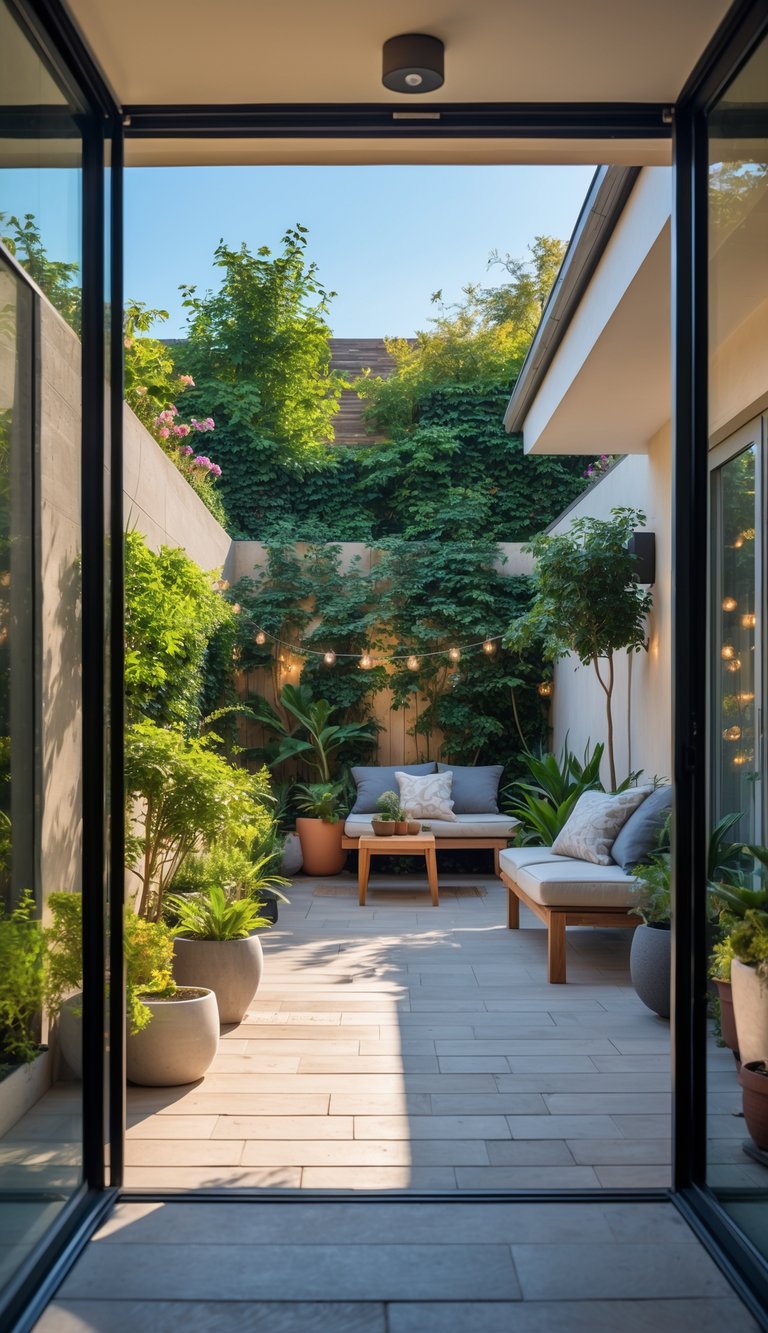 A small cozy courtyard garden connected to an indoor living space with open glass doors, featuring plants, outdoor seating, and natural light.