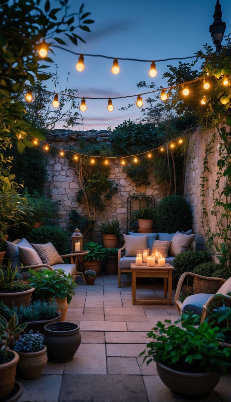 A small cozy courtyard garden illuminated by warm string lights with plants, outdoor seating, and a wooden table at dusk.