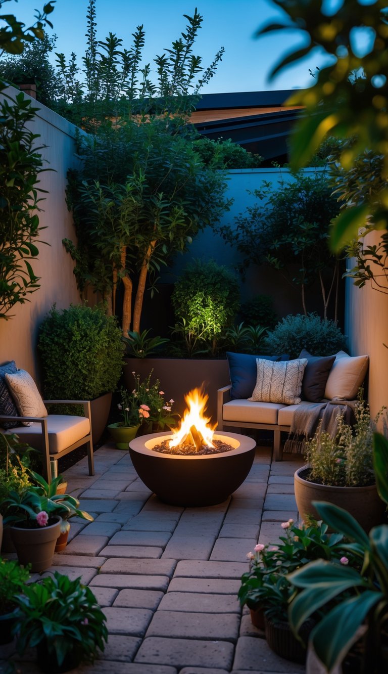 A small courtyard garden with a compact fire pit surrounded by comfortable seating and plants.