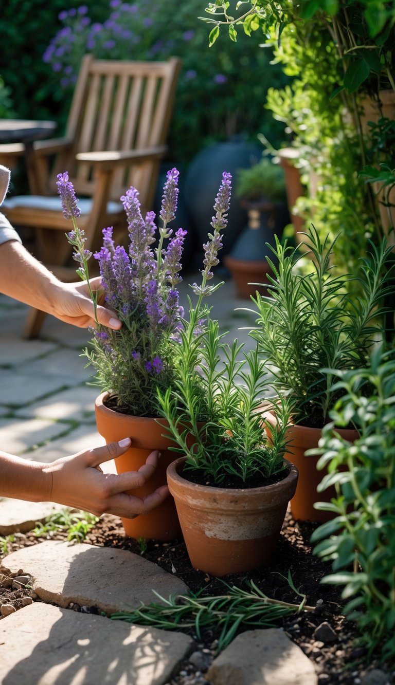 A small courtyard garden with lavender and rosemary plants being placed in pots on a stone patio surrounded by greenery.