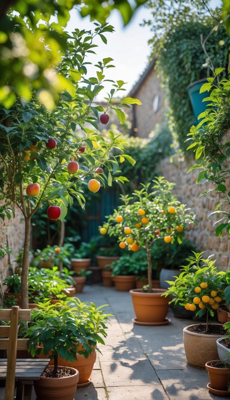 A small cozy courtyard garden with several dwarf fruit trees in pots and planter boxes surrounded by stone walls and a wooden bench.