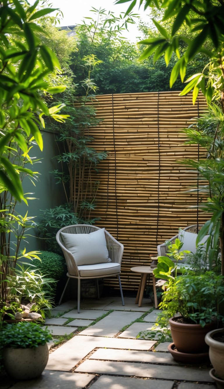A small courtyard garden with a bamboo privacy screen, green plants, and outdoor seating.