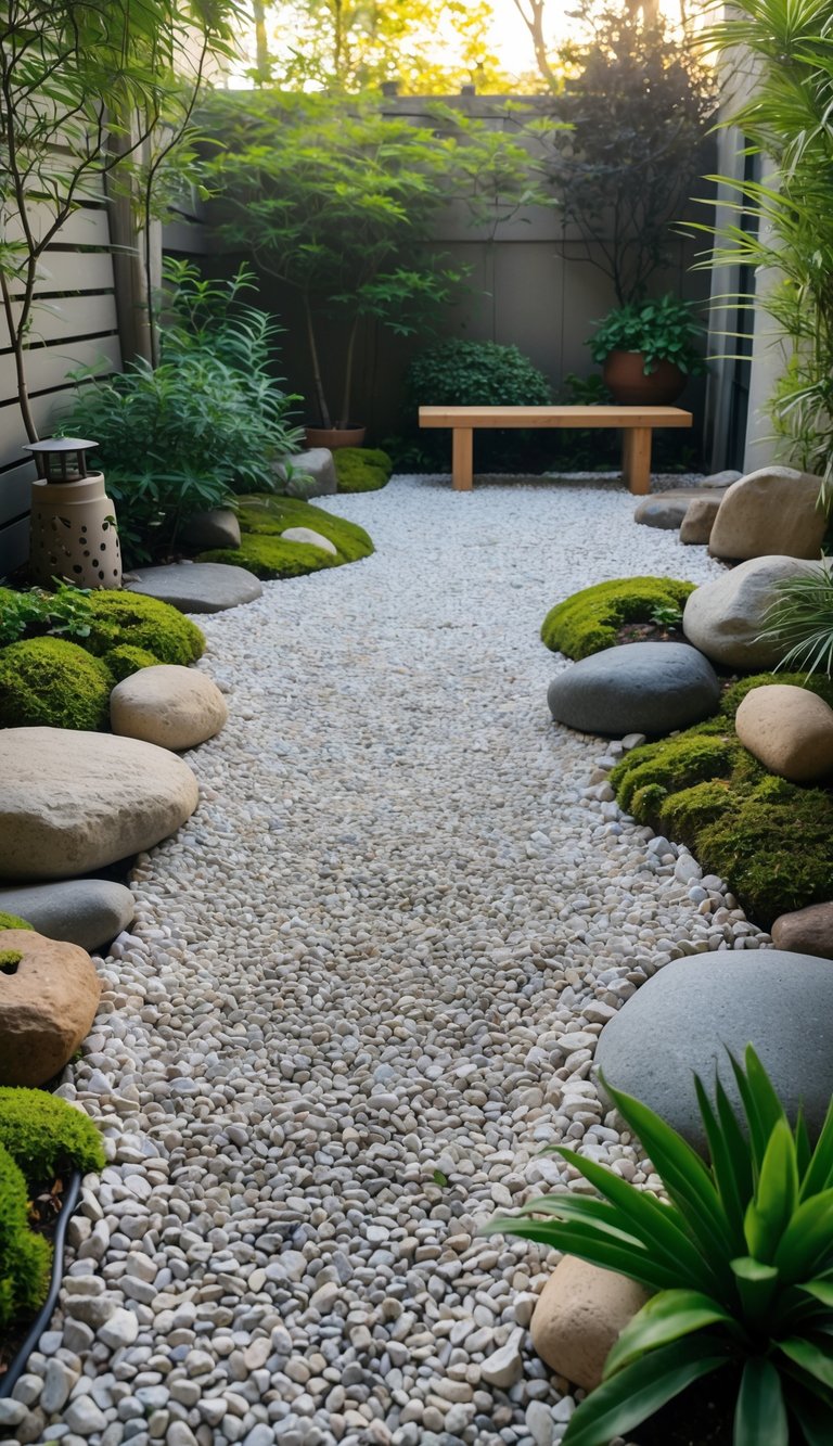 A small courtyard garden with raked gravel, natural stones, green plants, and a wooden bench under soft daylight.