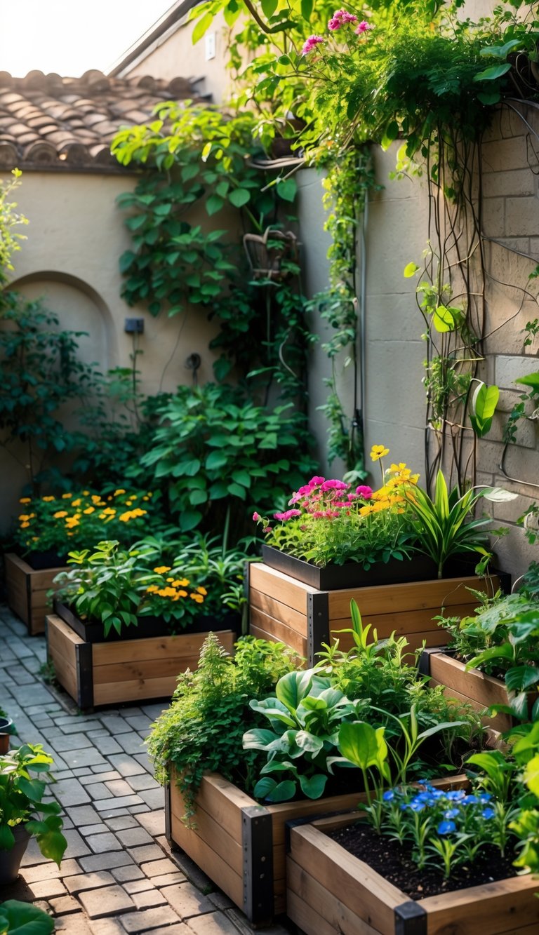A small courtyard garden with raised wooden planter boxes filled with green plants and flowers, surrounded by stone paving and climbing vines.