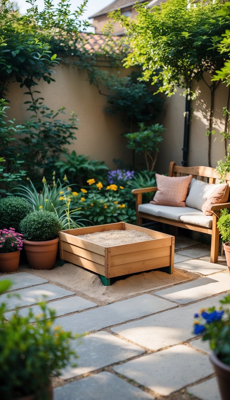 Small sandbox with a wooden cover in a cozy courtyard garden surrounded by plants and flowers.