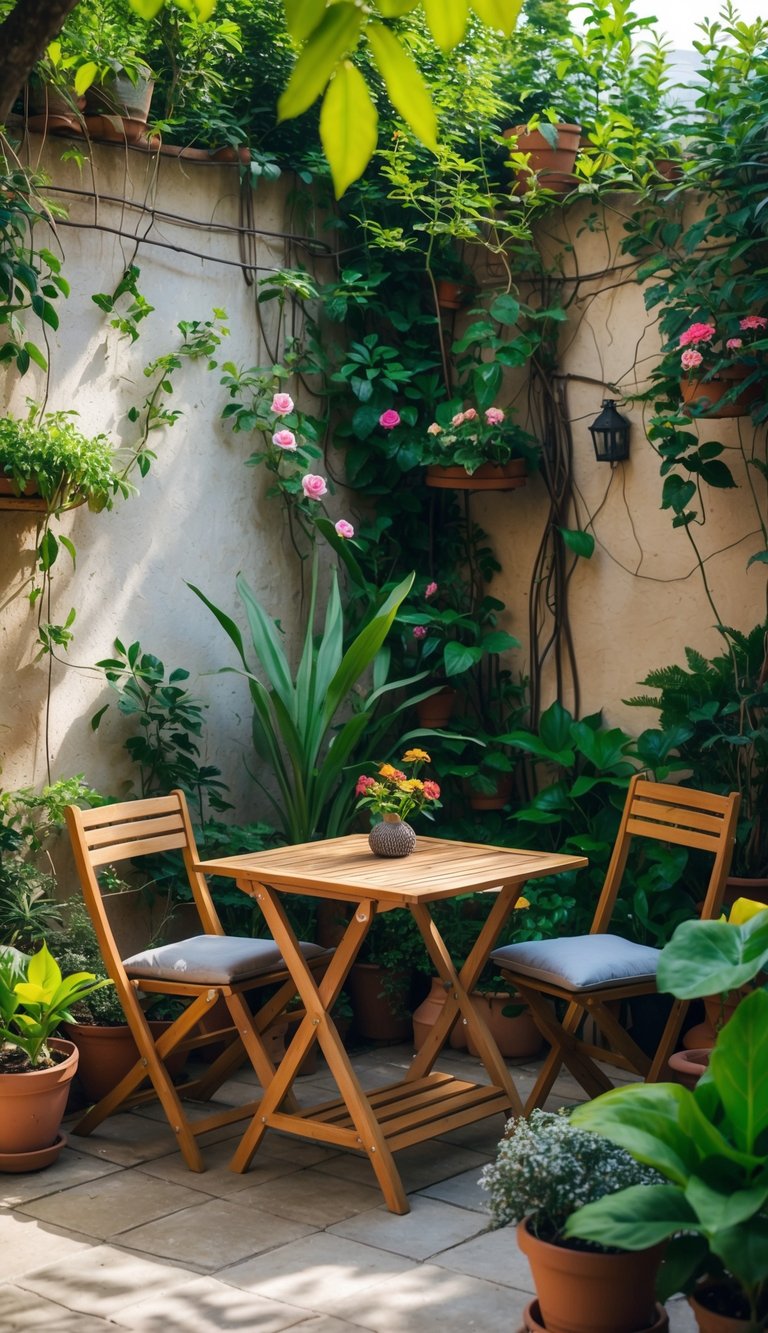 A small courtyard garden with a foldable outdoor dining table and chairs surrounded by green plants and flowers.
