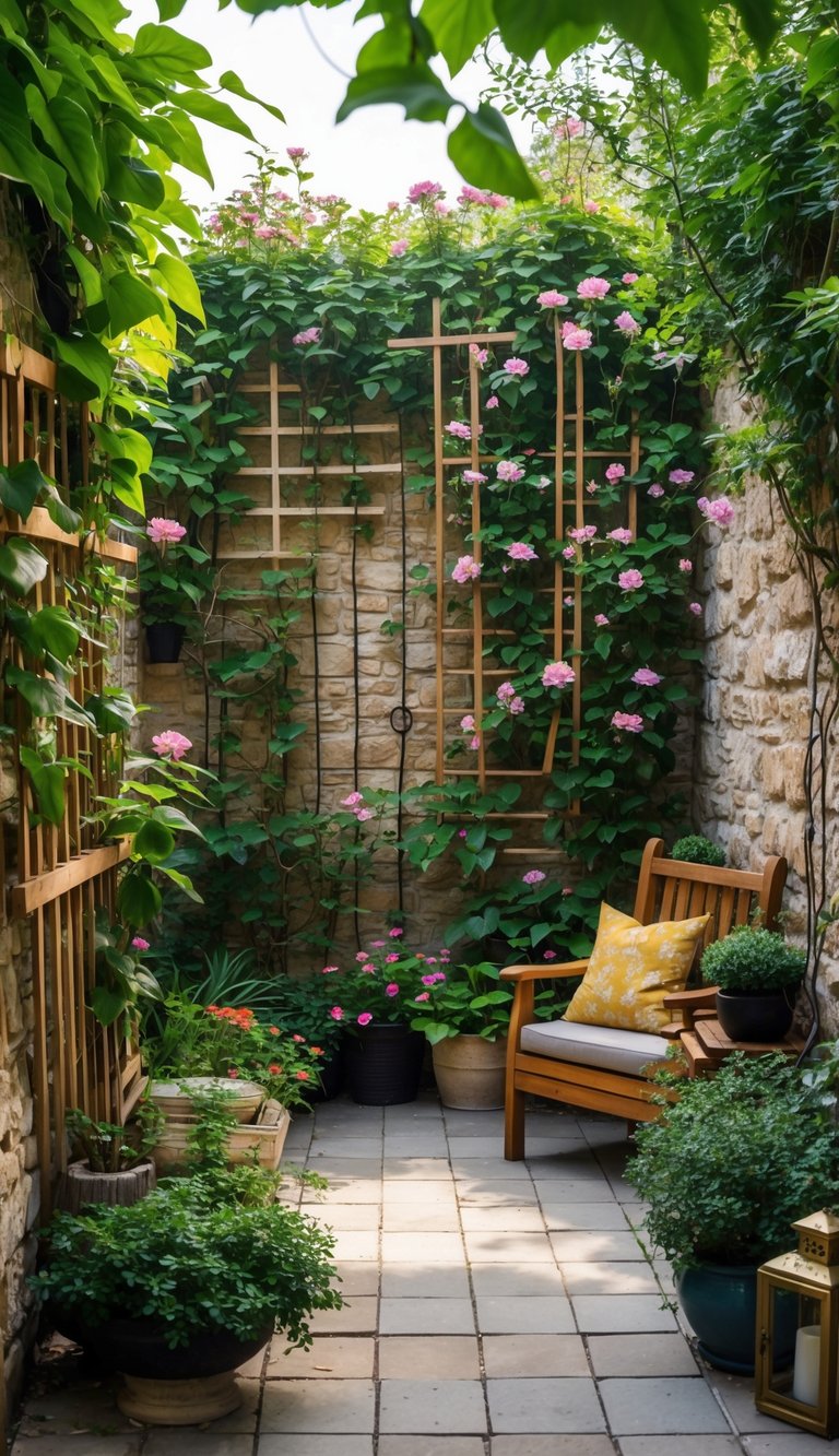 A small courtyard garden with climbing plants growing on wooden trellises, surrounded by stone walls and outdoor seating.