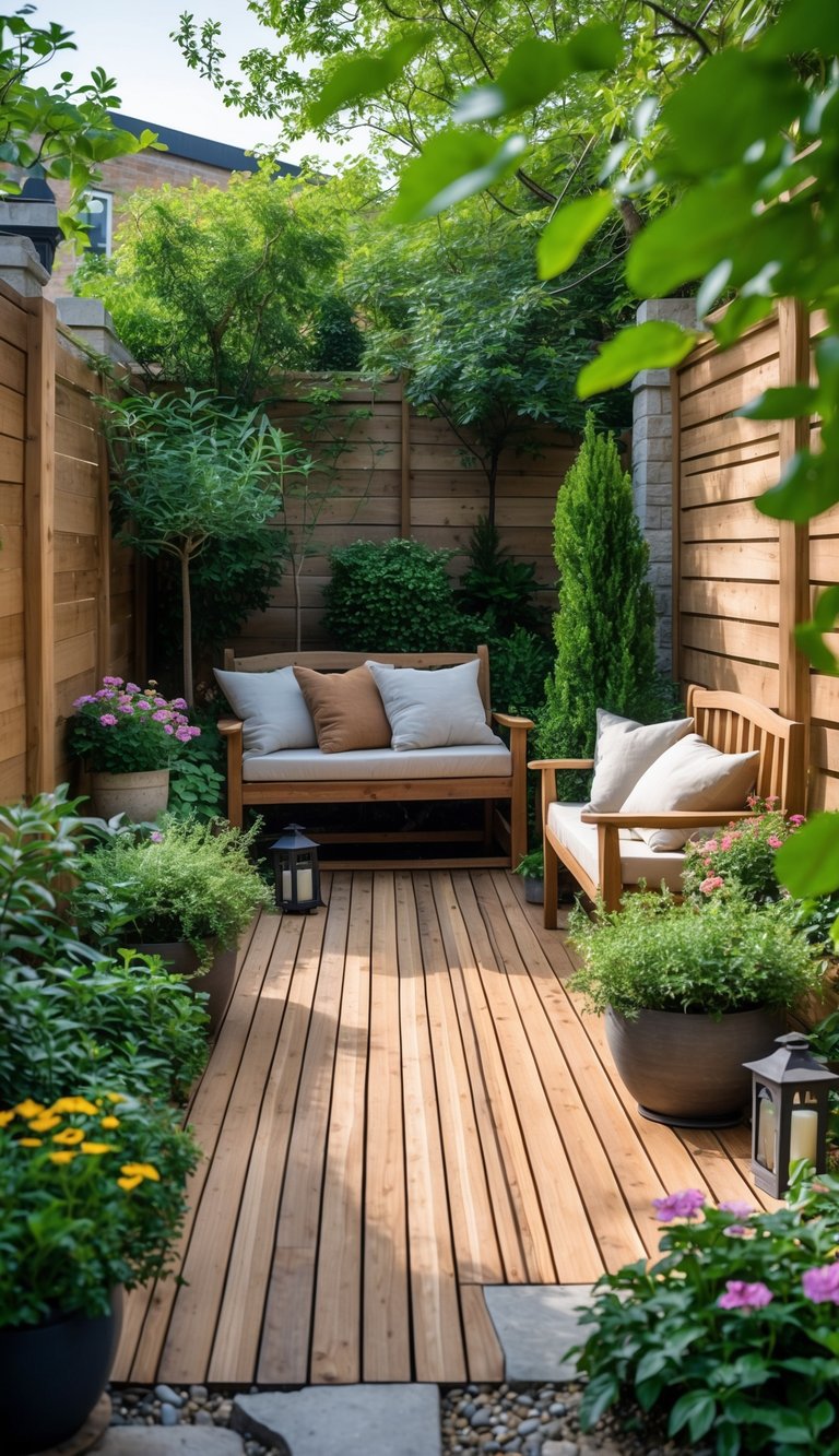 Small cozy courtyard garden with natural wood decking, green plants, and outdoor seating.