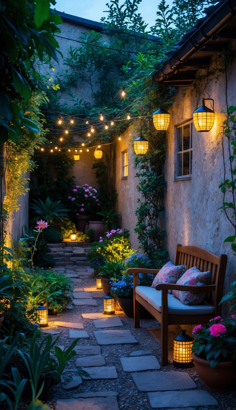 A small courtyard garden with solar-powered lights softly illuminating plants, a wooden bench, and stone pathway at dusk.
