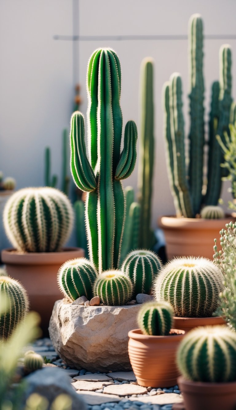 A garden with a tall San Pedro cactus surrounded by various other small cacti in pots.