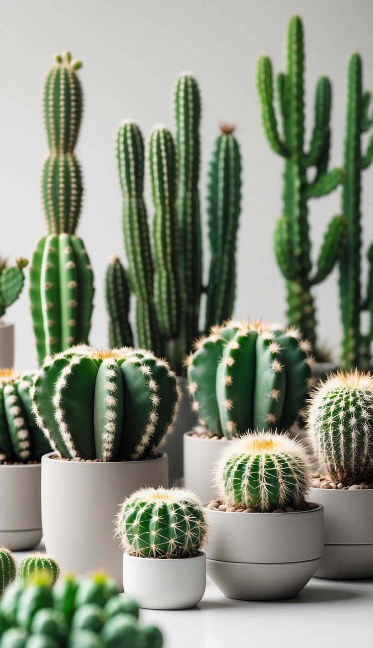 A small garden arrangement displaying various types of cactus plants in simple pots on a neutral background.