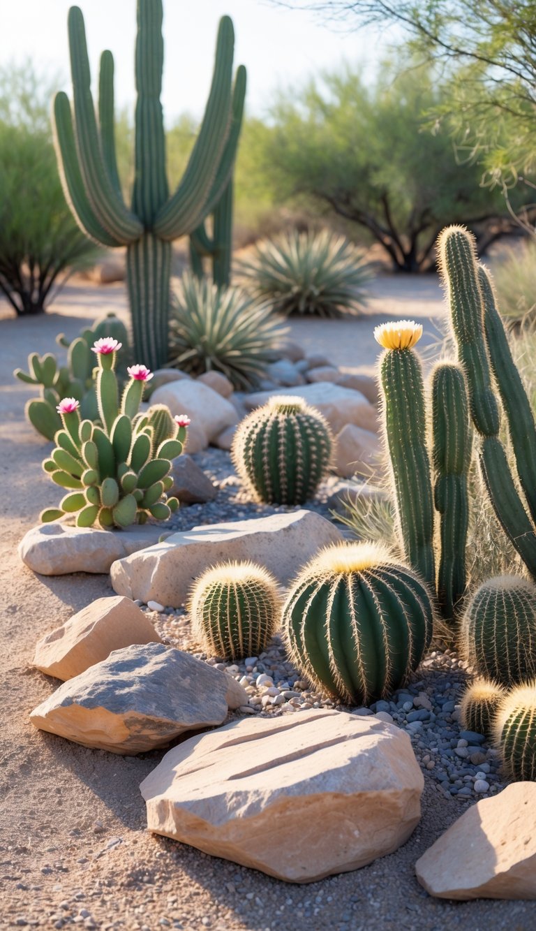 A desert garden with various cacti and rock formations arranged over sandy soil under natural sunlight.