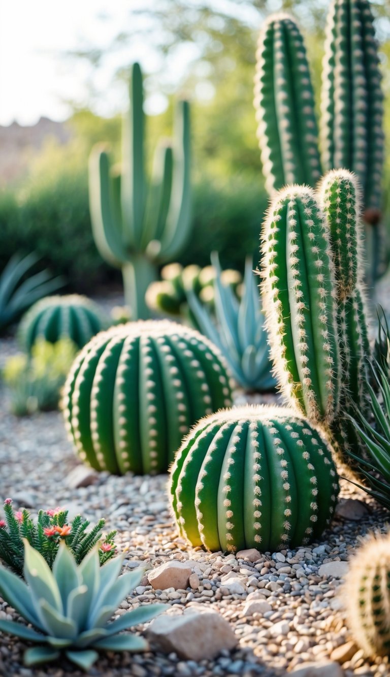 A garden with several large barrel cacti surrounded by gravel and small rocks.