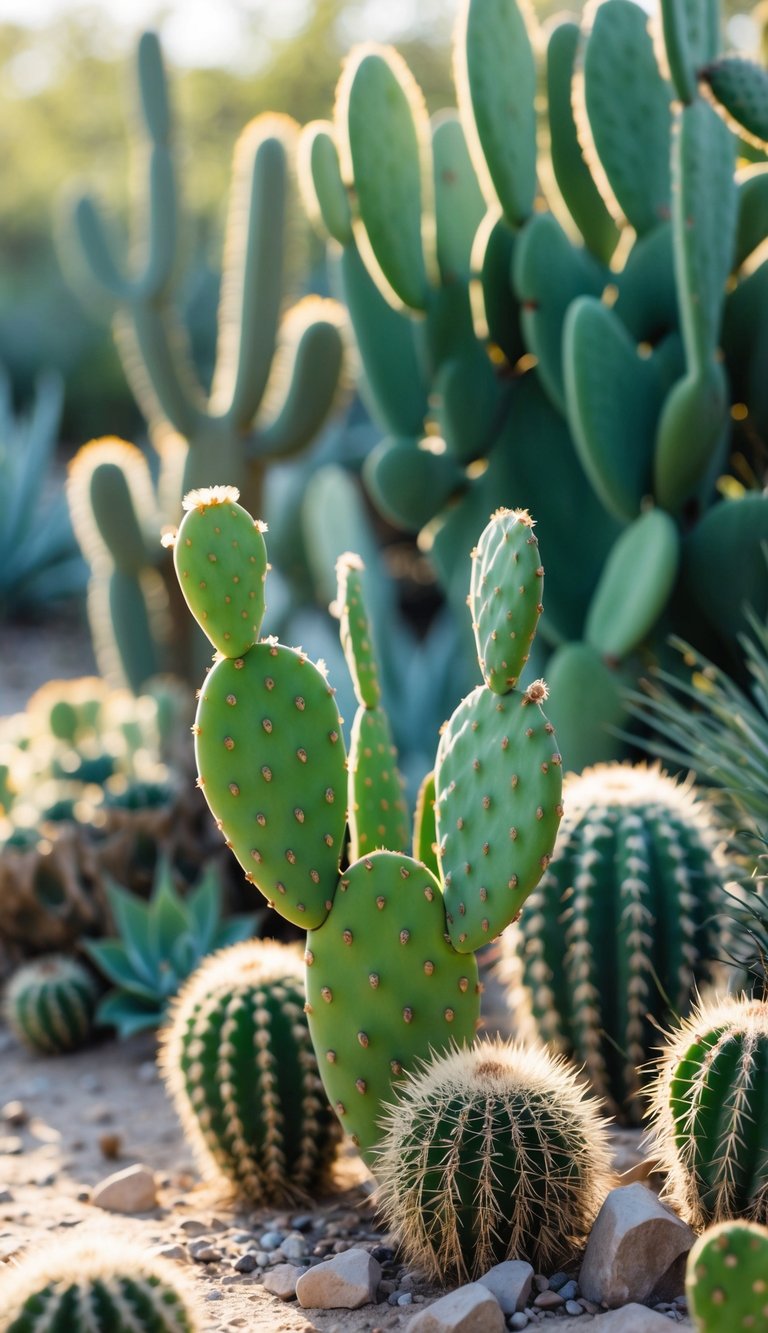 A cactus garden with various cacti including prickly pear cactus with flat green pads and spines, set outdoors in sunny, dry conditions with sandy soil and rocks.