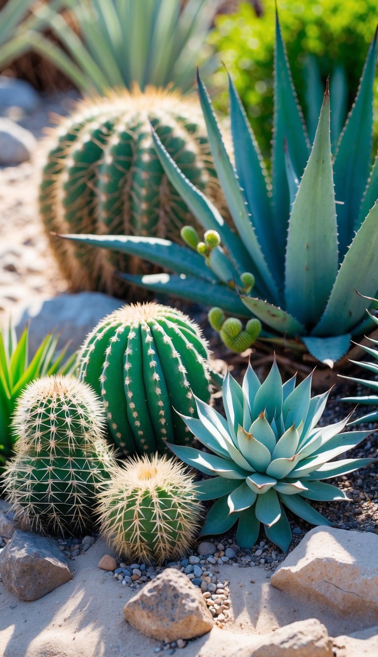 A garden featuring an agave plant placed next to various cacti with sandy soil and rocks in the background.