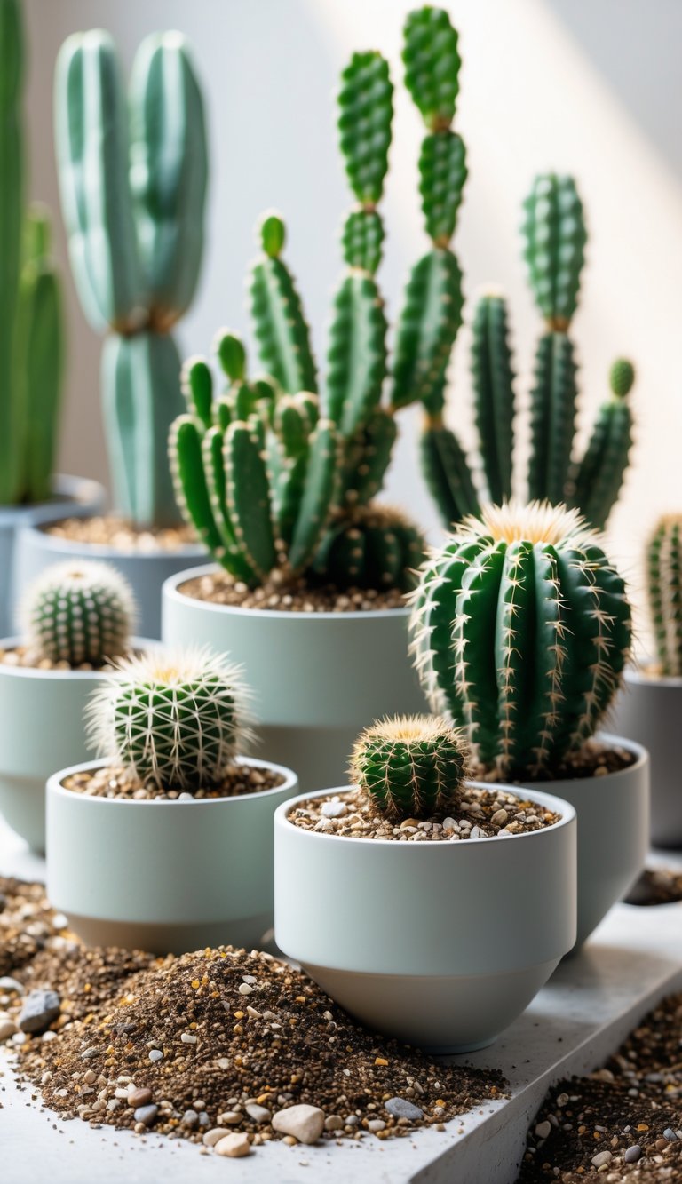 A variety of healthy cacti planted in pots with gritty soil designed for drainage, arranged on a light surface with soft natural lighting.