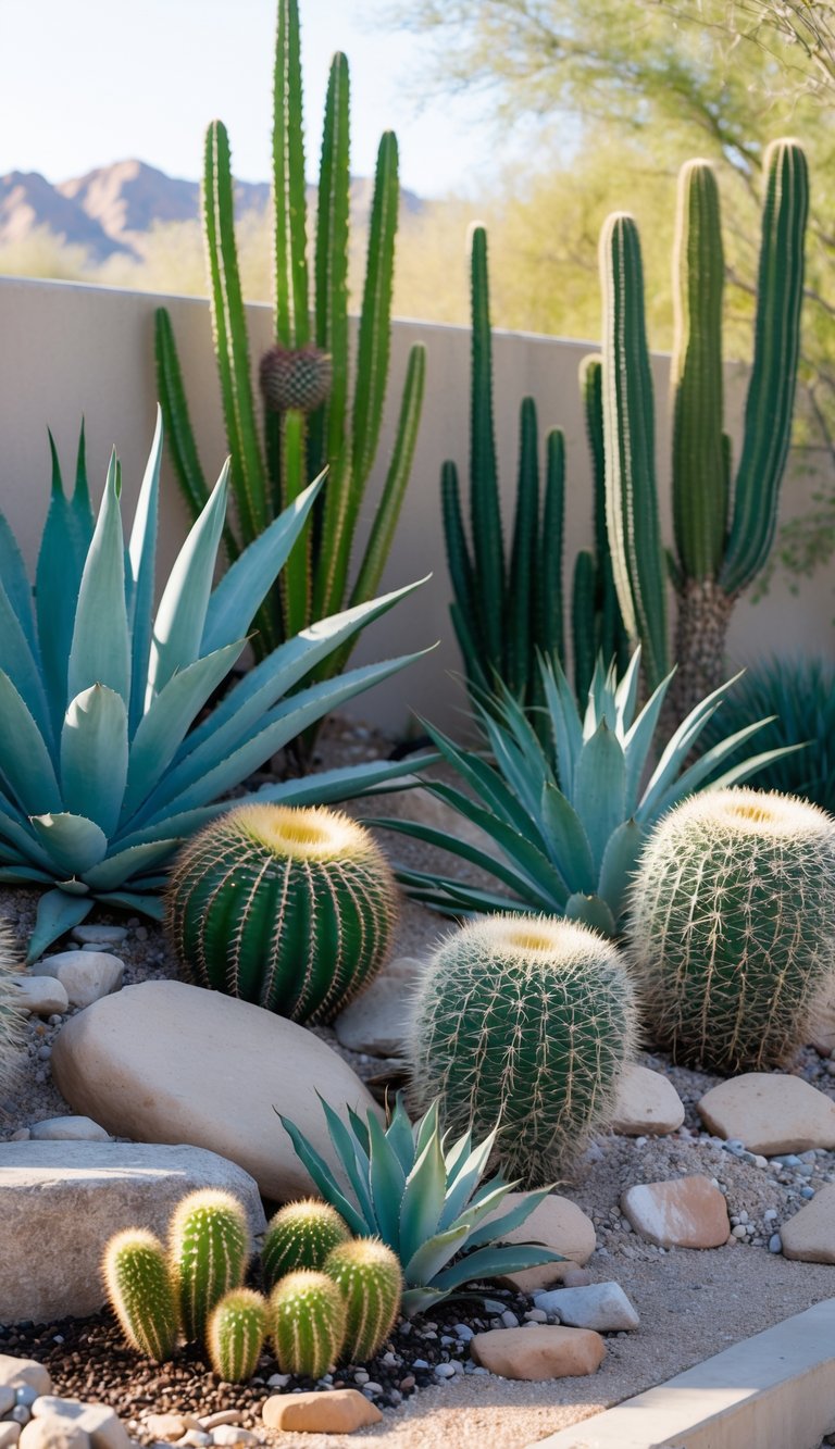 A garden bed featuring large xeric plants and various cacti arranged together in sandy soil with rocks.
