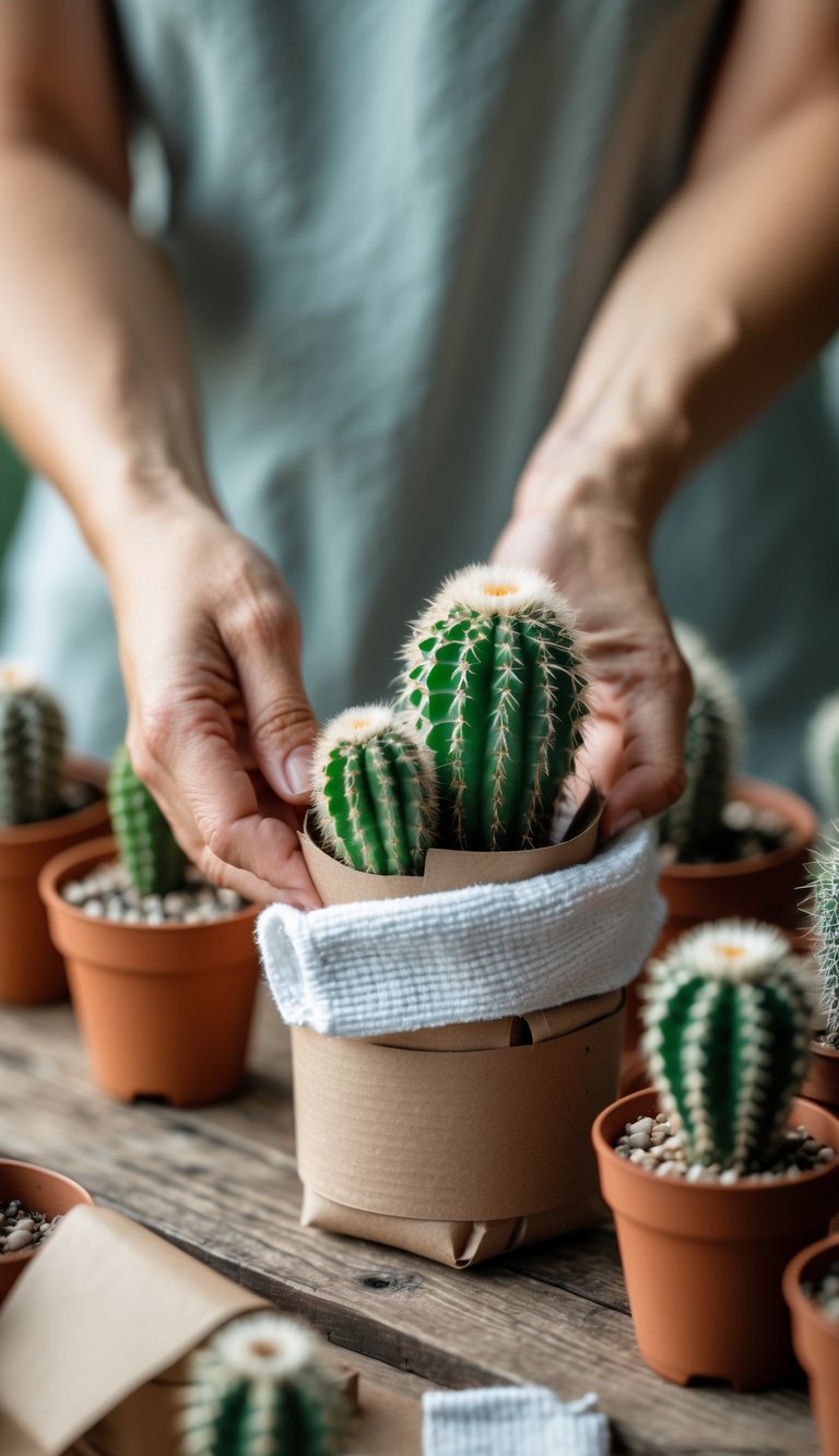 Hands wrapping a small cactus with a towel and cardboard on a table with several potted cacti.